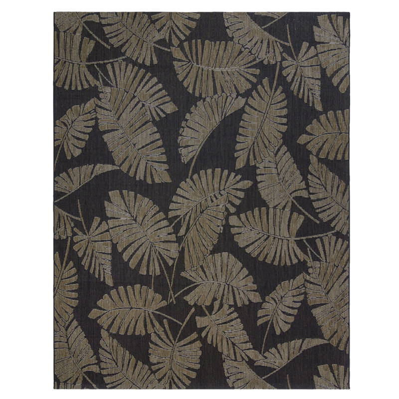 Reyn Spooner Tradewinds Monstera Black Hawaiian Tropical Polypropylene Flatweave Indoor/ Outdoor All Weather Area Rug
