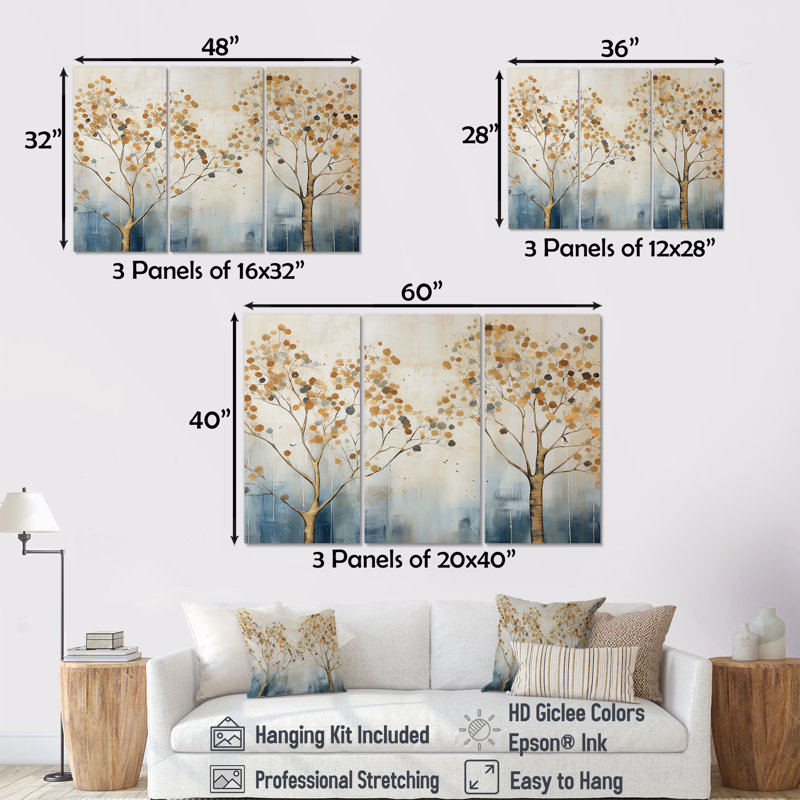 Ensemble de salon art mural arbre doré et bleu Harmony II, Toile tendue, H 28 po x l 36 po x P 1 po