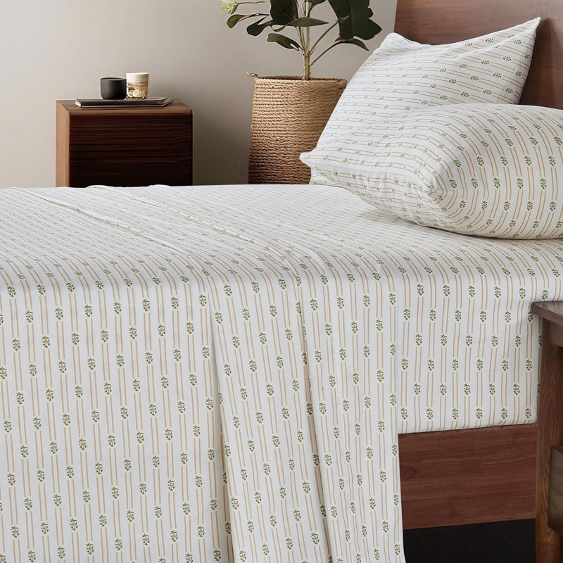 Ensemble de draps 100% coton, Ensemble de draps pour grand lit avec 2 taies d'or, Motif floral jaune 3