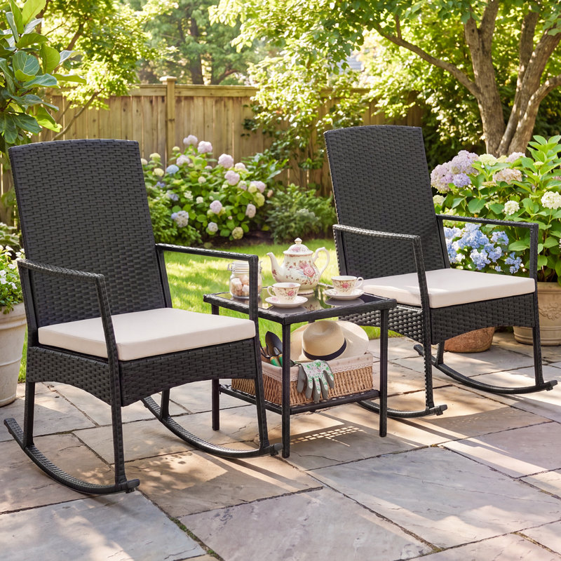 Anila 3 Pieces Patio Furniture Set Rocking Chairs Bistro Sets Outdoor Conversation Sets With Coffee Table, Beige