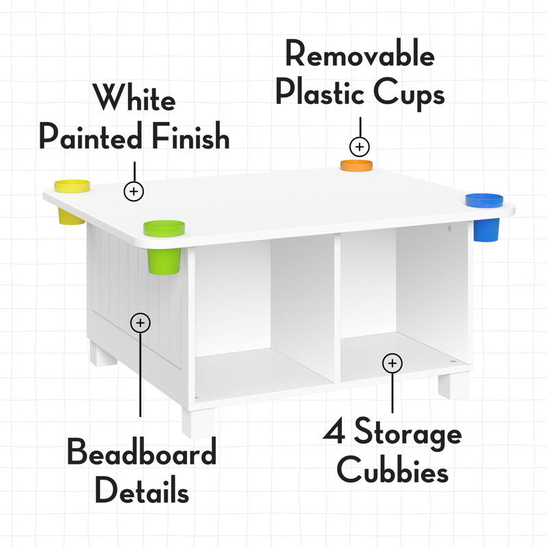 Bureau pour enfants et table d'activités pour enfants RiverRidge avec 4 casiers de rangement et 4 tasses de rangement amovibles - blanc avec 2 bacs en tissu