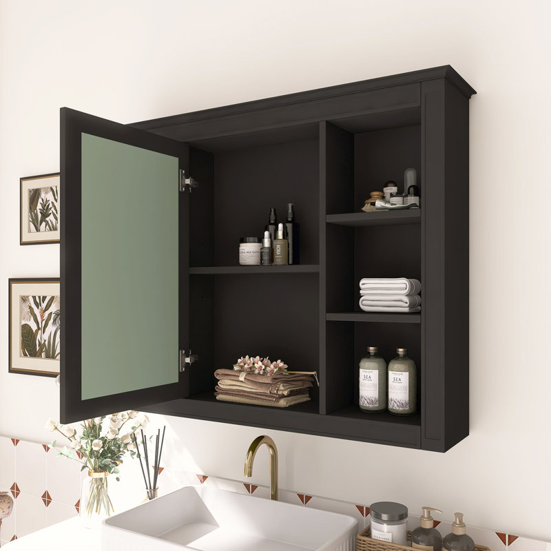Wall Mounted Bathroom Medicine Cabinet With Mirror & Open Shelves, Black