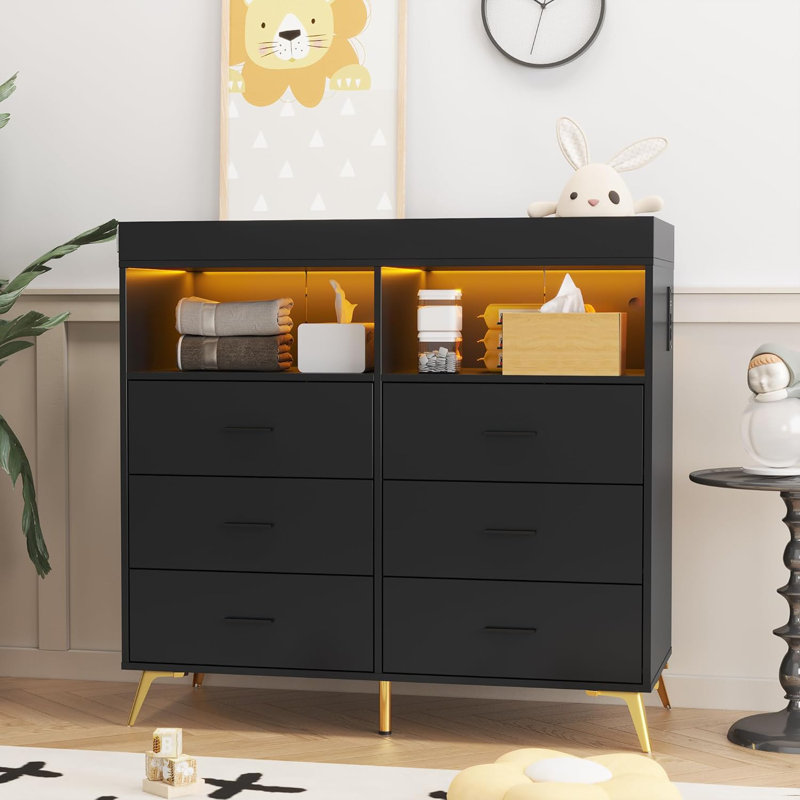 Commode 6 tiroirs avec lumières DEL et prise de courant, commode pour table à langer avec 2 tablettes de rangement ouvertes