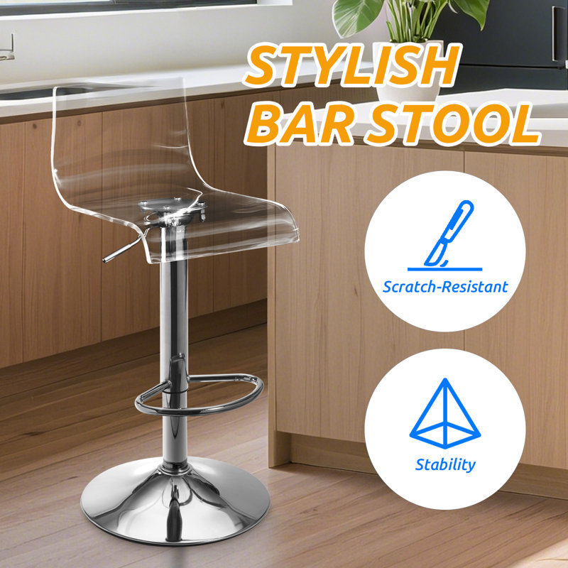 Clear Bar Stools Set of 2, Acrylic Bar Stools Swivel, Transparent Bar Stool, Silver Bar Stool Adjustable Height, Modern Bar Chairs for Kitchen, Dining Room, Silver