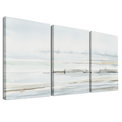 Blue and Beige Watercolor Seascape Set Of 3 Canvas Wall Art