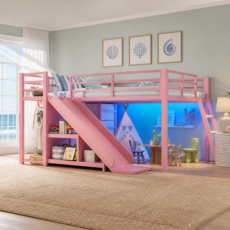Full Bunk Bed with Built-In Ladder, Pink