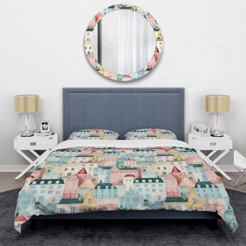 Ensemble de housse de couette doux couleur pastel Nordic Town Collage I, Housse de couette pour très grand lit et 2 très