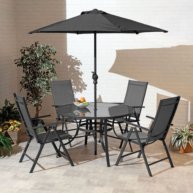 Woodminster 4 - Person Patio Dining Set Umbrella Hole Included Round Table, Charcoal