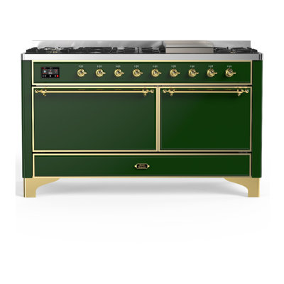 Cuisinière à double combustible 60 pouces avec 7 brûleurs scellés de couleur vert émeraude Majestic III Series (gaz naturel, garniture laiton)