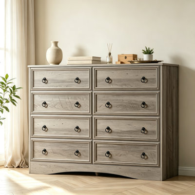 Commode 47 pouces pour chambre à coucher, commode 8 tiroirs avec grands tiroirs, commode en bois Mid-Century moderne pour le salon, couloir, couleur gris brunâtre