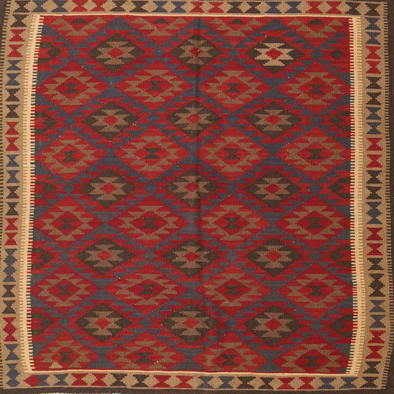 Tapis géométrique rouge / vert / beige, Carré 7 pi