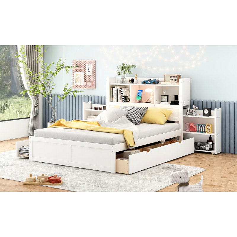 Lit plateforme avec rangement et tablettes coulissantes, lit gigogne simple et 2 tiroirs