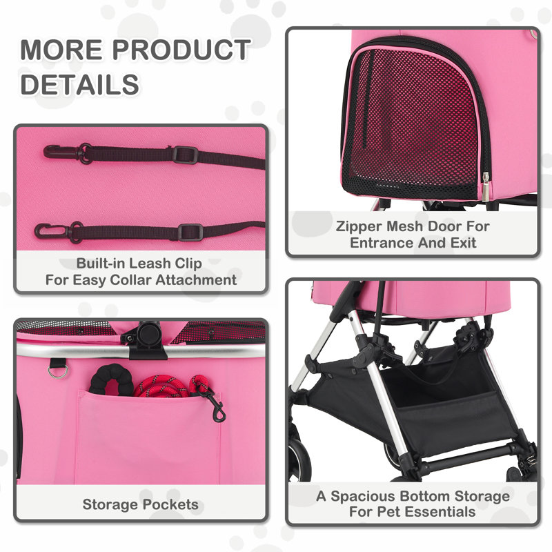 Pink Aluminum 3-in-1 Pet Stroller with Detachable Carrier