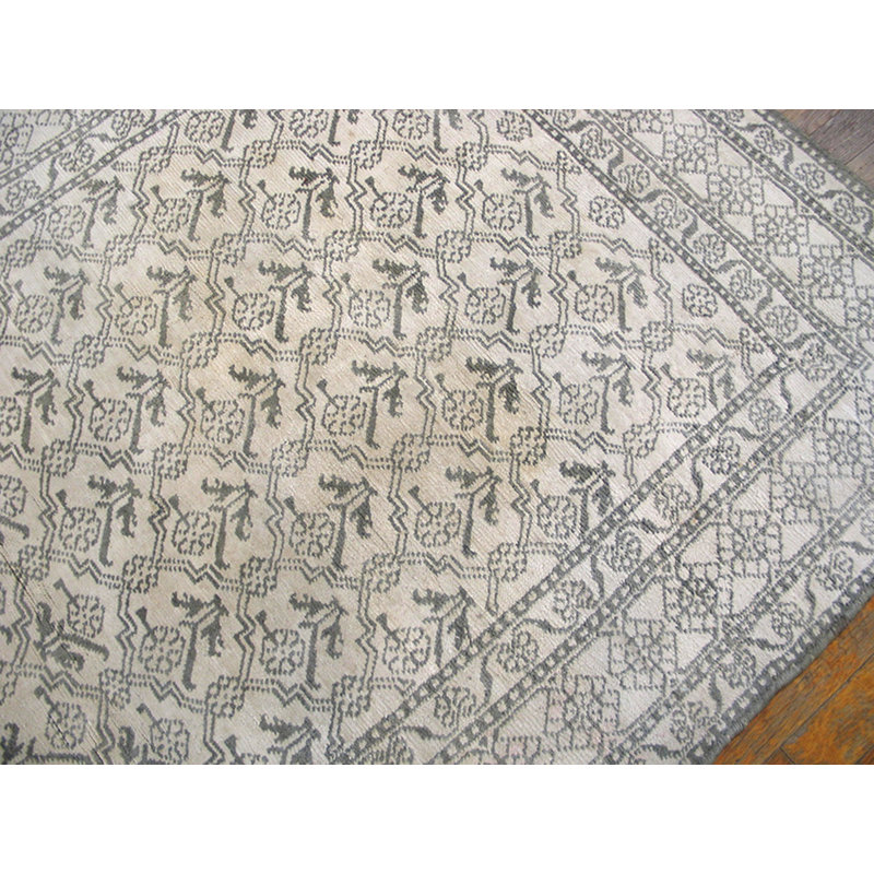 Neutral White and Gray Color Antique Geometric Indian Cotton Agra Rug