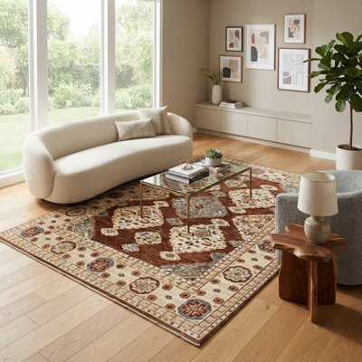 Tapis noué à la main en laine terracotta et ivoire à motif géométrique traditionnel en médaillon