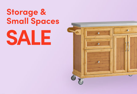 Storage & Small Spaces Sale promotional banner featuring a bamboo kitchen island trolley on a lavender background