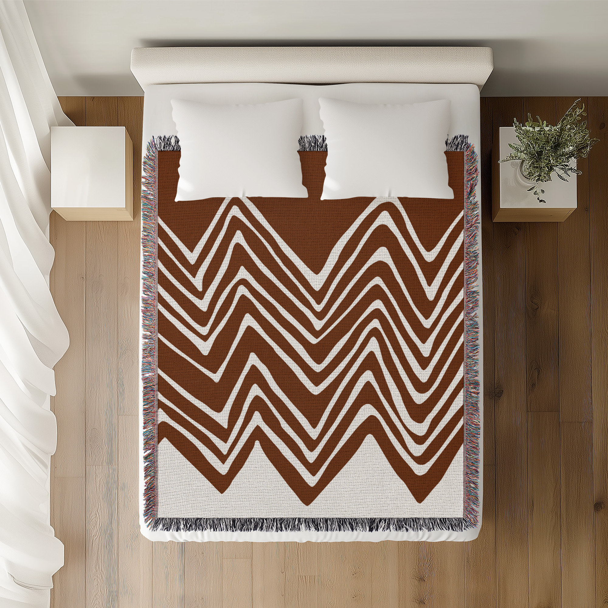 Addai Abstract Triangle Pattern Blanket , Rust Brown, 60" H x 80" W (Queen)