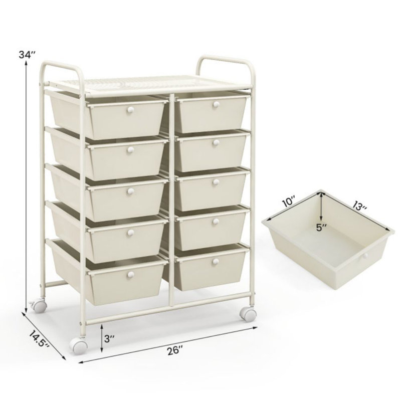White 10-Drawer Rolling Storage Cart with Metal Frame