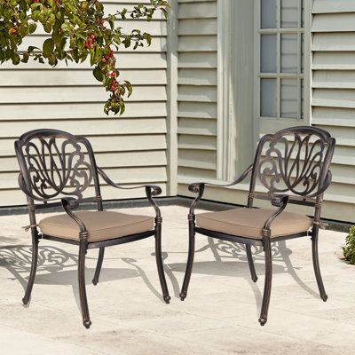 Set of 2 Cast Aluminum Patio Arm Chairs, Vintage Hollow Floral Outdoor Dining Chairs with Removable Cushions for Backyard Garden