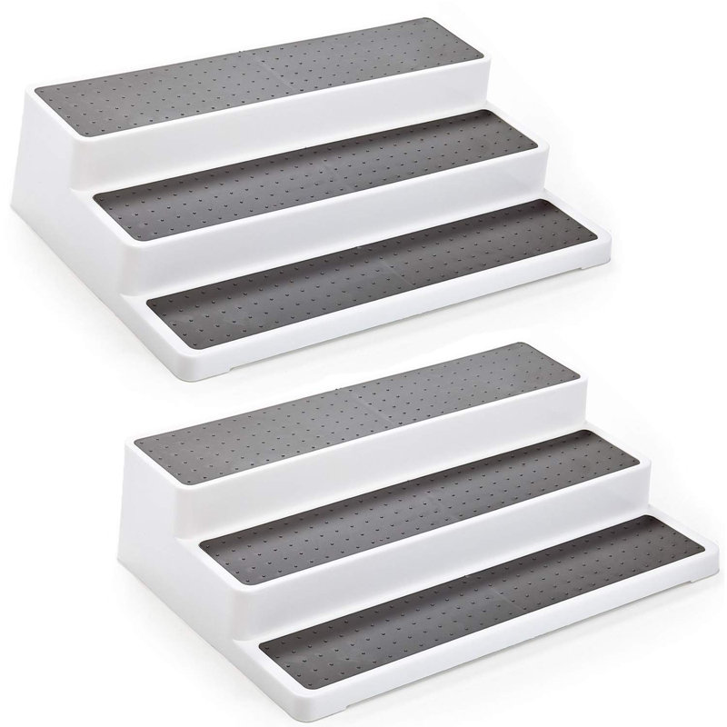 Home Intuition 3-Tier Non-Skid Spice Rack Step Shelf Pantry Kitchen Cabinet Organizer, 14.4-inch, White-Grey, 2 Pack, 2