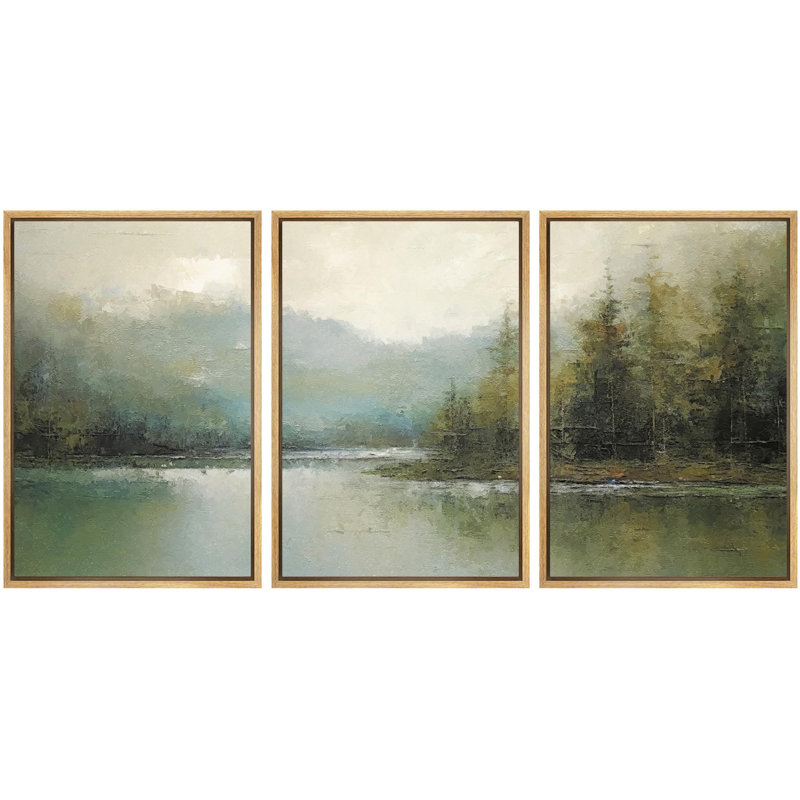 Abstract Landscape " Emerald Green Pastel Pine Tree Forest Nature Rustic " 3 - Pieces, Natural, Floater Framed Print