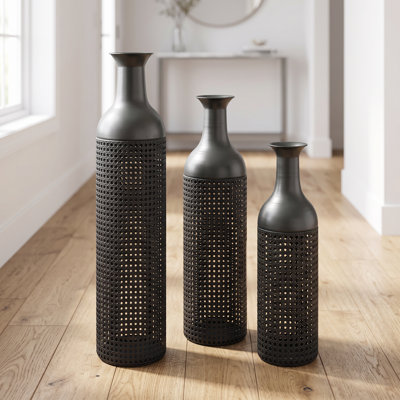 Black and grey floor vase set of 3 with leaf pattern, graduated heights 17.4" to 27.6" metal vases for living room entryway