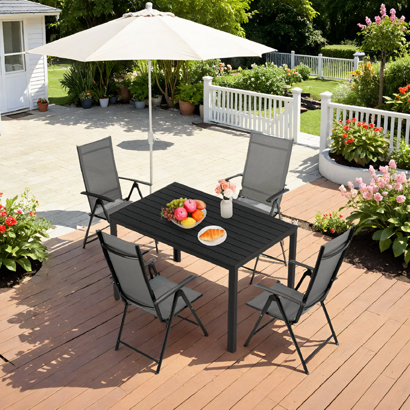 Outdoor Patio Table And Chair Set, With Aluminum Plastic Wood Table And Aluminum Folding Chairs,black