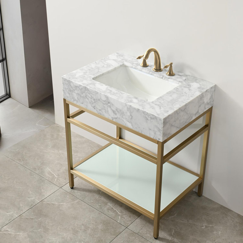 30" Natural Carrara Marble Console Bathroom Vanity with Sink, Gold Stainless Steel Frame and Glass Shelf, Gold, 30"