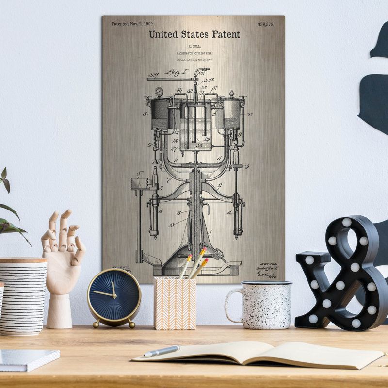«Beer Bottling Machine Blueprint Parchment» par Luxe Metal Portfolio, H 16 po x l 12 po