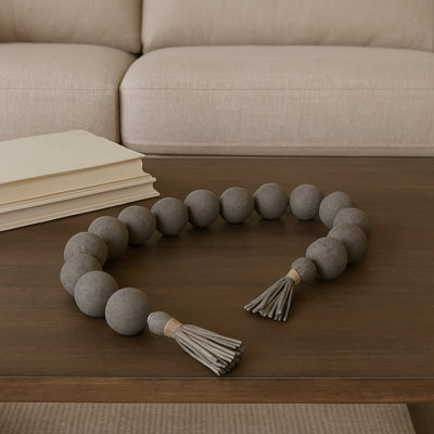 Decorative Ecomix and Leather Bead Strand with Tassel Accents and Textured Round Design for Stylish Home Accents and Modern Boho-Inspired Decor - Ivory