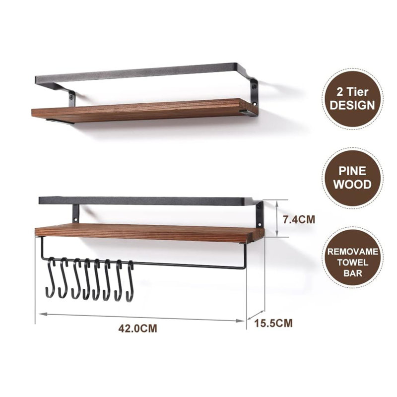 Floating Shelves Wall Mounted Shelf, Solid Wood Shelf, Towel Bar 8 Hooks, Brown