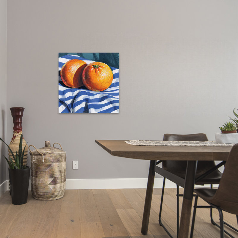 Oranges sur toile rayée, art contemporain, H 24 po x l 24 po