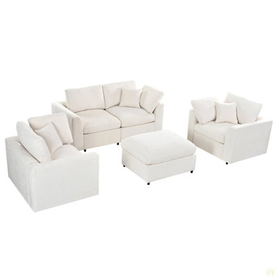 U-Style 4-Piece Sofa Set, 2 Accent Chairs + Loveseat + Movable Ottoman, Chenille Upholstered Couch Set with Frame, Includes 3 Throw Pillows, Modern Living Room Furniture Set