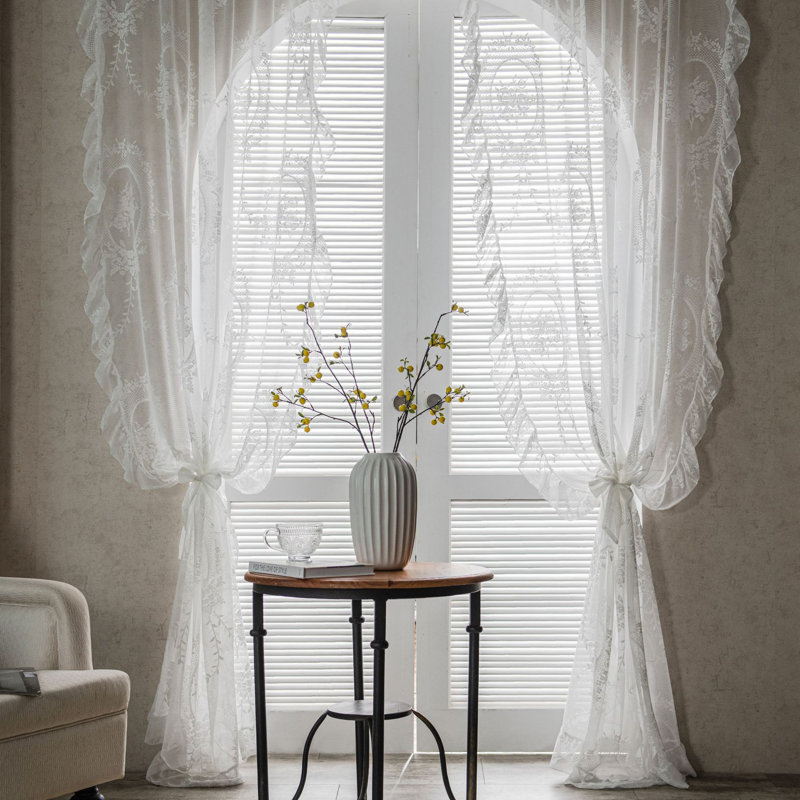 Lausanne White Retro Translucent Lace Window Curtains Flounce, 59" W x 79" L