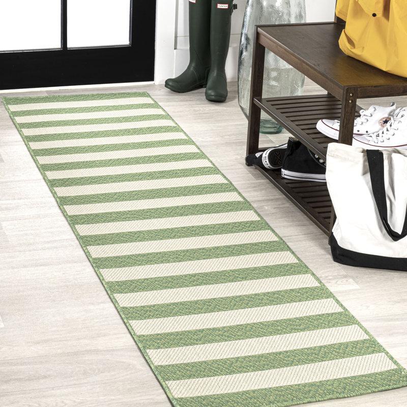 Cino Two-Tone Wide Stripe Green/Cream Indoor/Outdoor Rug, Runner 2' x 8'
