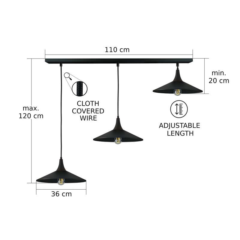 - Light Matte Black Dome Pendant, 120cm H x 125cm W x 36cm D, 3 Lights, Black