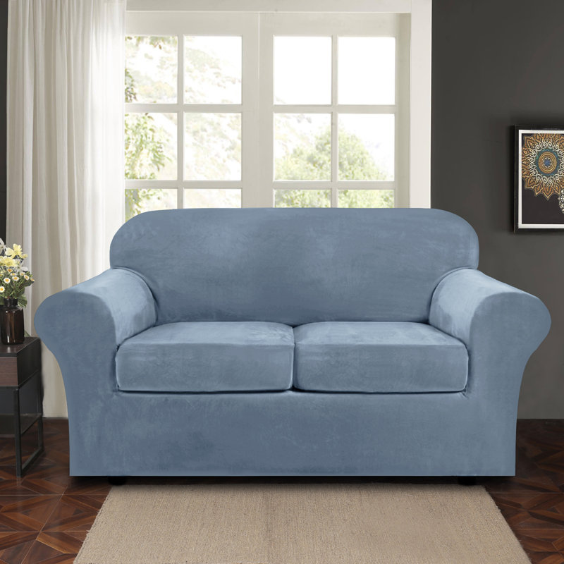 Housse pour causeuse à coussins carrés/rectangulaires, Velours gris-bleu