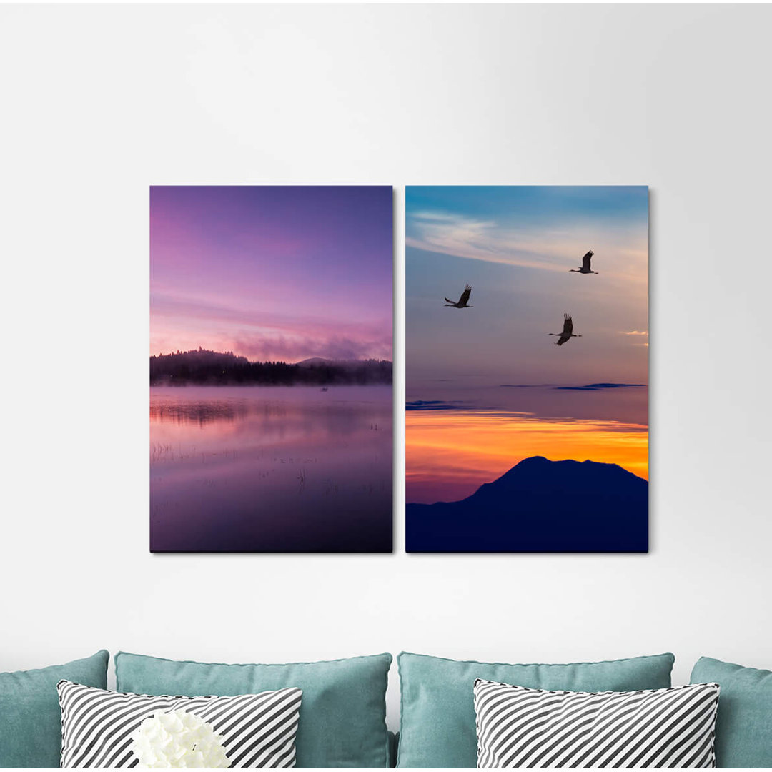 2-tlg. Leinwandbilder-Set - Fotografie „Lake Mountains Birds Nature Fog Sunset Calm”