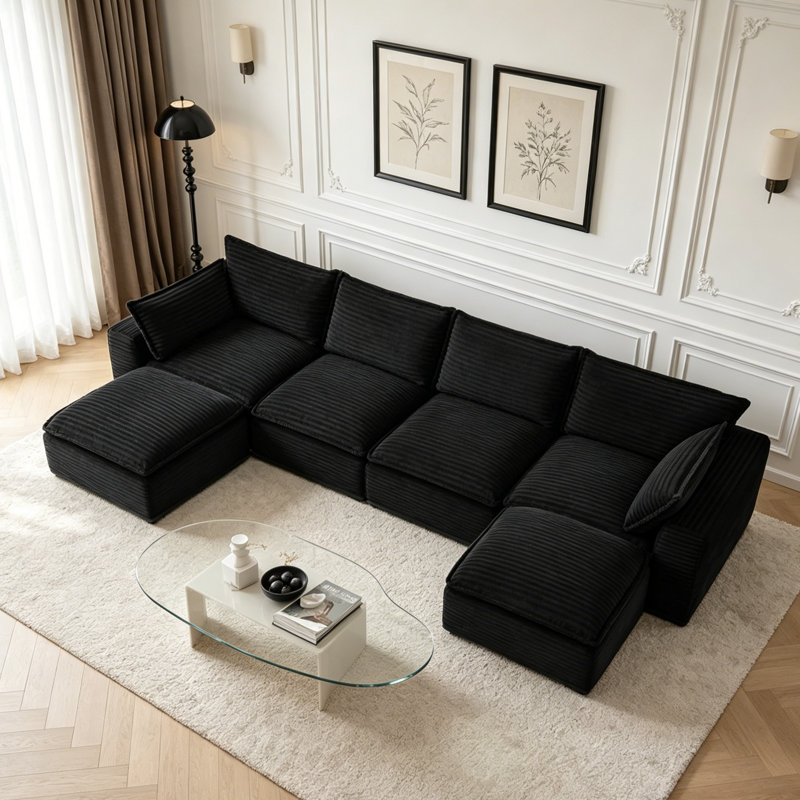 140" Corduroy Modular Sectional Sofa, U-Shaped Deep Seat Couch, No Assembly Required, Pet-Friendly Upholstered Sofa for Living Room