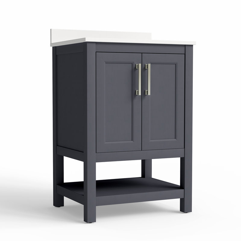 Meuble-lavabo simple 24 po en pierre reconstituée avec tablette et dosseret ouverts