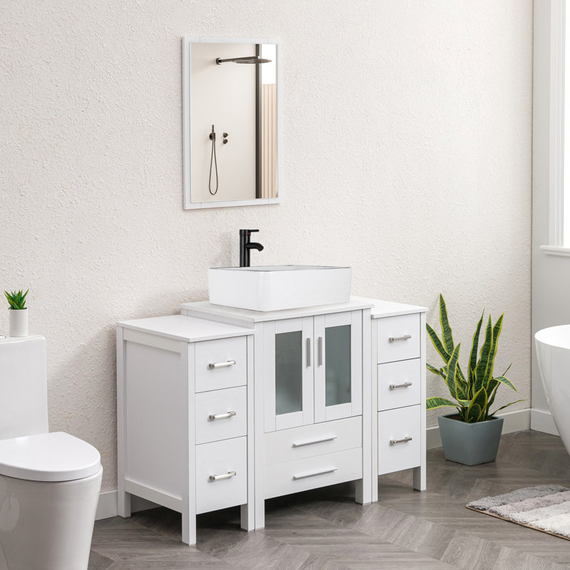 Ensemble de meuble-lavabo simple 48 po avec lavabo en céramique Sharee, robinet économiseur d'eau Sharee, Blanc