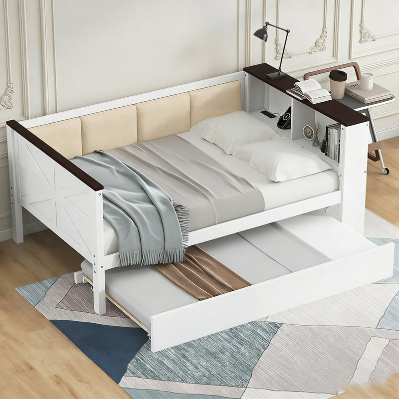 Wood Daybed with Storage Shelves, Upholstered Backrest, USB Charging, and Trundle for Modern Living, Twin