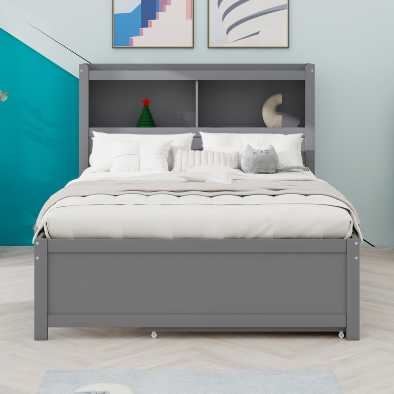 Lit plateforme avec lit gigogne, tiroirs et prises USB, Gris