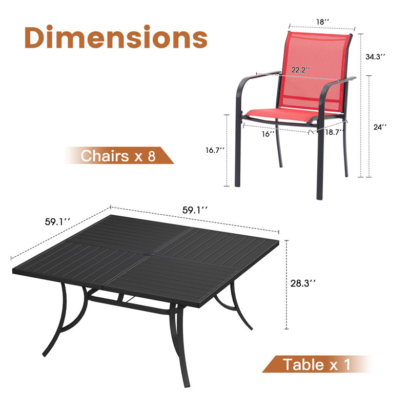 Erilas 8-Person Metal Patio Dining Set with Square Table, Black/Red