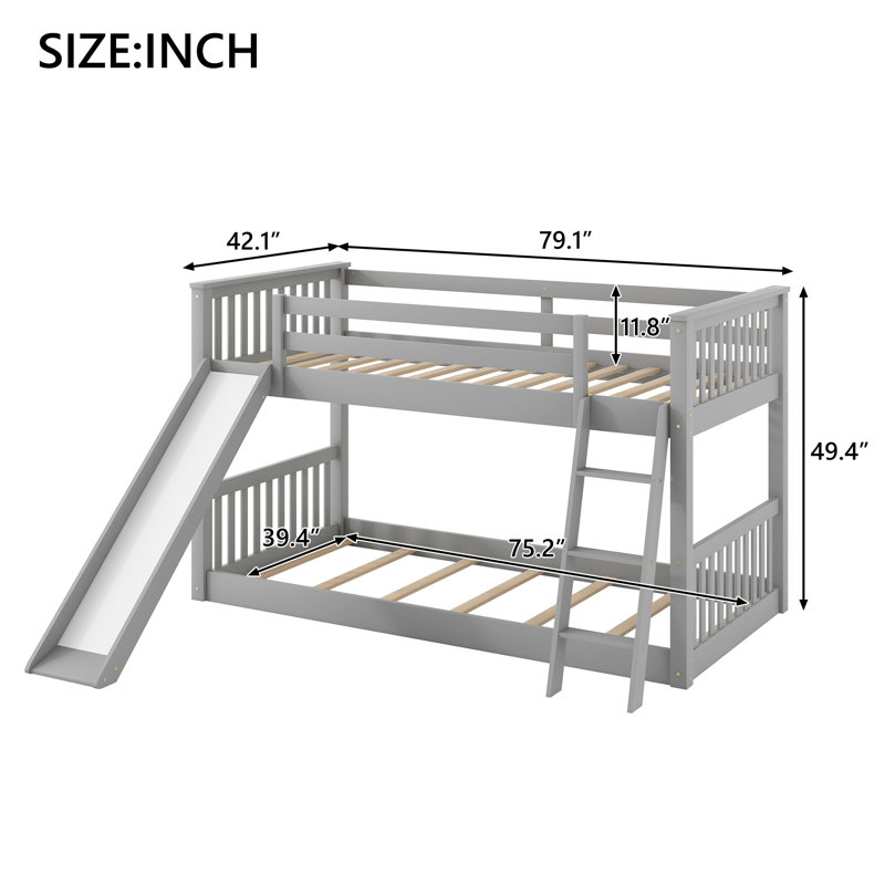 Lit superposé simple au-dessus d'un lit simple gris avec glissière convertible et échelle, conception peu encombrante pour les enfants