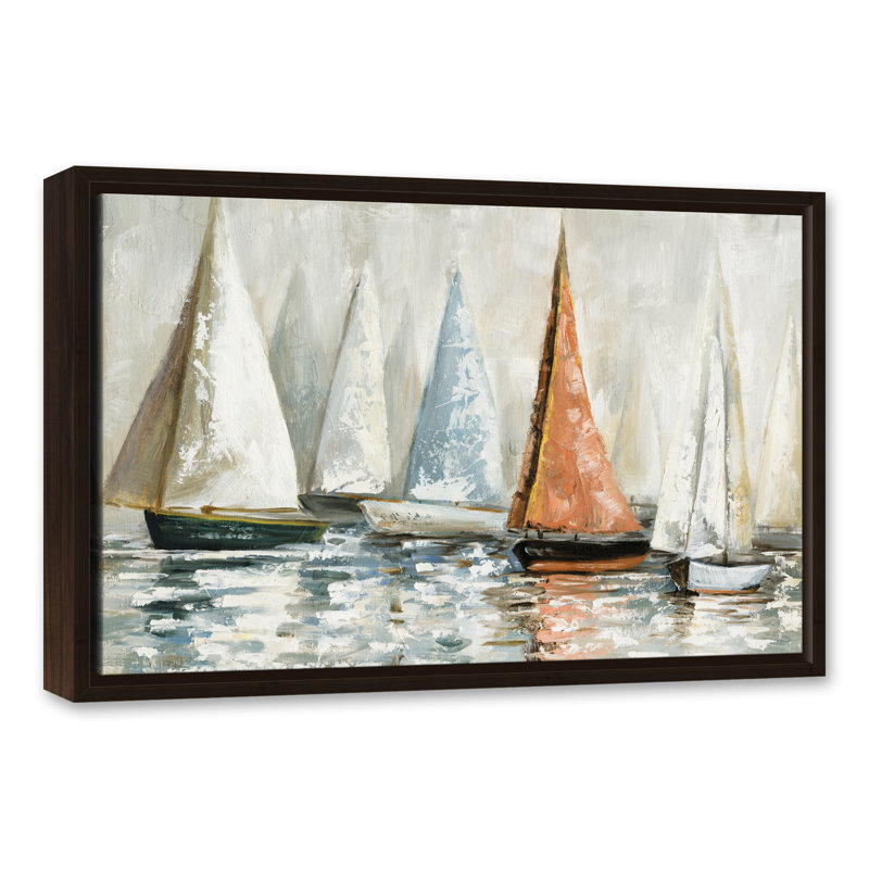 Voiliers en sourdine sur l'eau - peinture sur toile, H 17,75 po x l 25,75 po x P 1,75 po, Toile brune avec cadre flottant