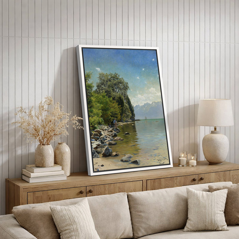 Serene Lakeside Mountain View, H 36 po x l 24 po x P 1,5 po, Cadre flottant blanc