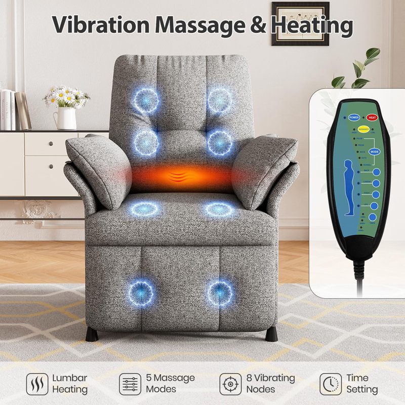 Power Recliner Chair for Adults with Heated & Massage, Lazy Boy Single Sofa with Side Pockets for Home Theater Seating,Light Gray