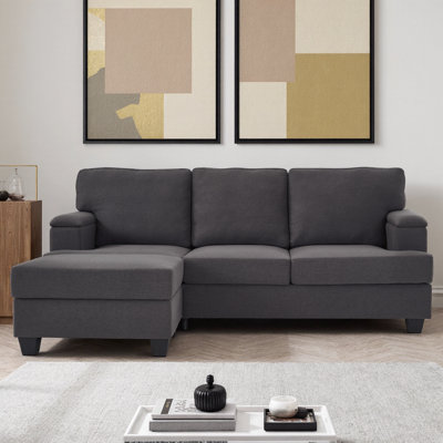 86" L-Shaped Linen Sectional Sofa with Armrest Organizer, Movable Ottoman, and Thick Cushions by Latitude Run
