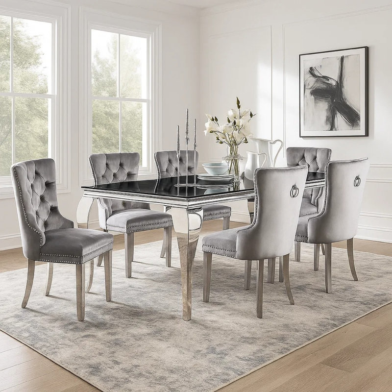Vendy 7Pc Dining Set With Tempered Glass Table, Gray Wingback Chairs
